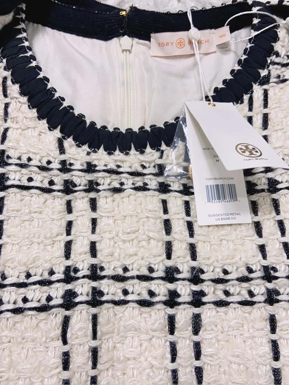 NWT $598 Tory Burch Sleeveless Tweed Shift Dress in Ivory and Black